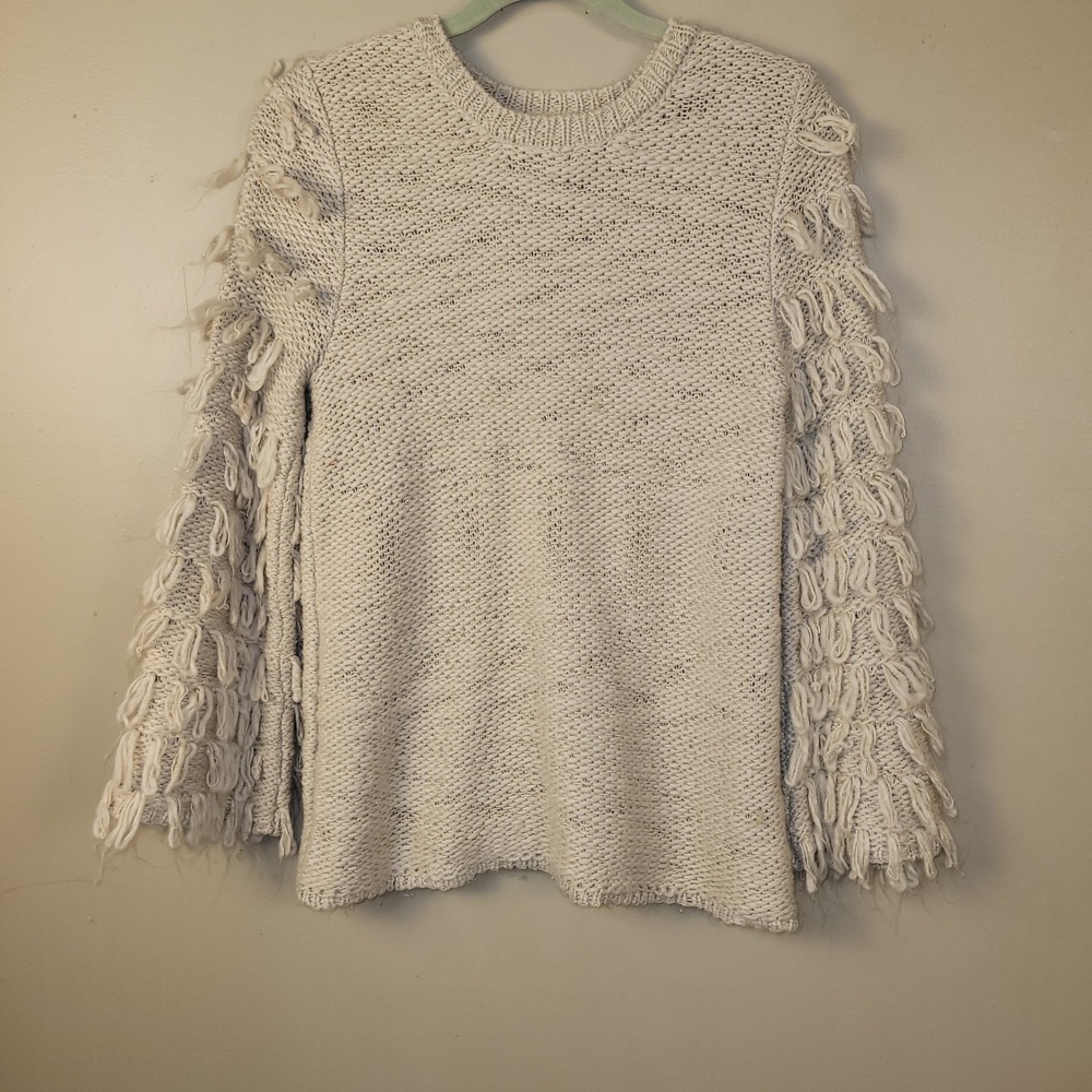 Cupio Fringe Sleeve Knit Sweater Women's Small Cream Boho Chunky Acrylic